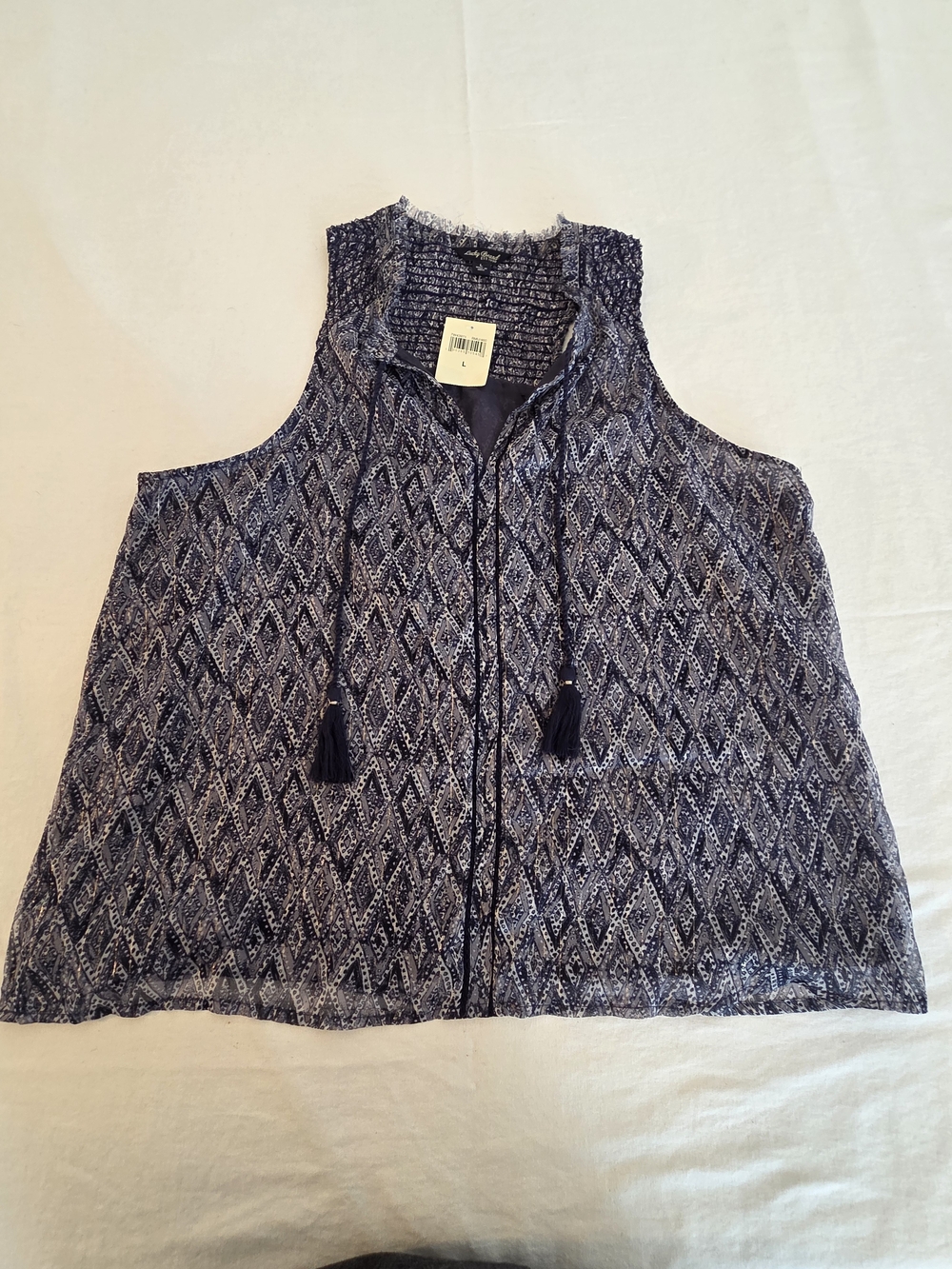 Lucky Brand Sleeveless Navy Patterned Tie-Front Women's Top